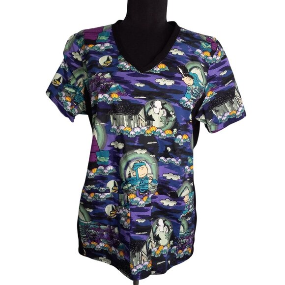 Peanuts Size M Scrubs Scrub Top Halloween V Neck Snoopy Woodstock Great Pumpkin - Picture 1 of 12